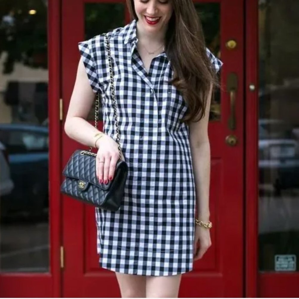 J Crew Women Black White Check Gingham Short Sleeve Popover Shirt Dress Mini
